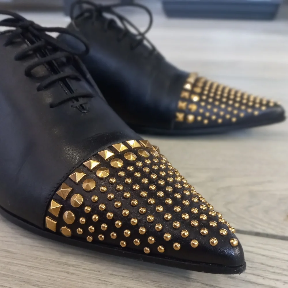 Host Pick💗GUCCI Black Leather Studded Pointed Toe Loafers Size 37.5 - Picture 7 of 8